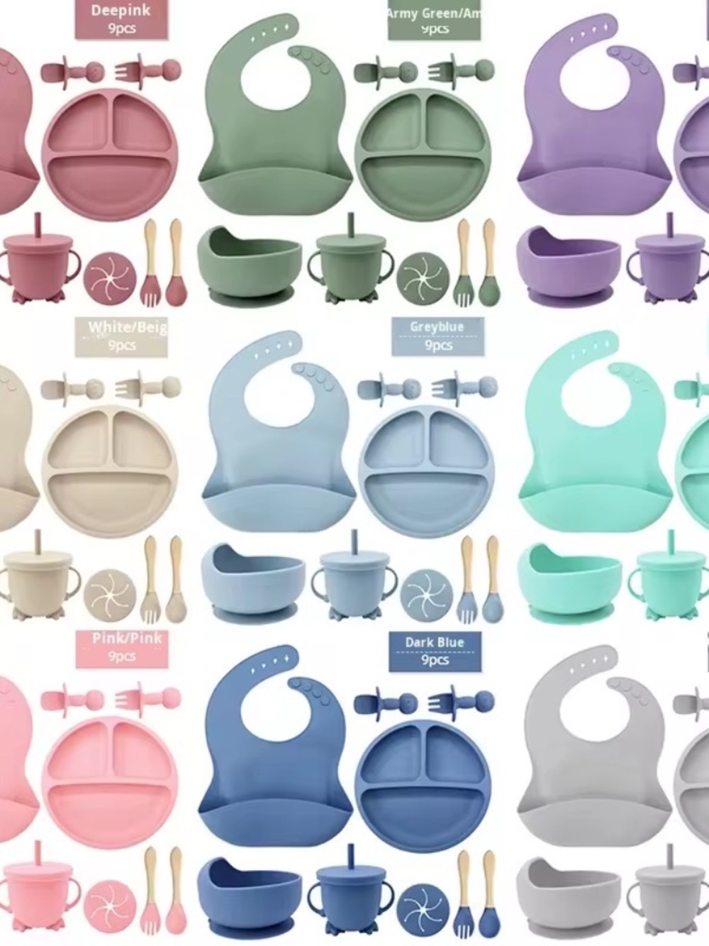 100% Silicone Baby Feeding Set, BPA Free Baby Dishes 9 PCS Set - Choose color